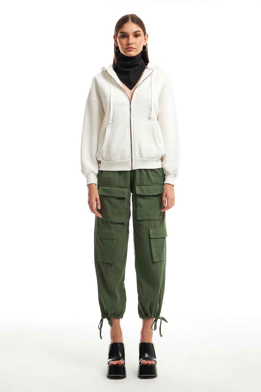 Zipper Hoodie Sweatshirt Ecru