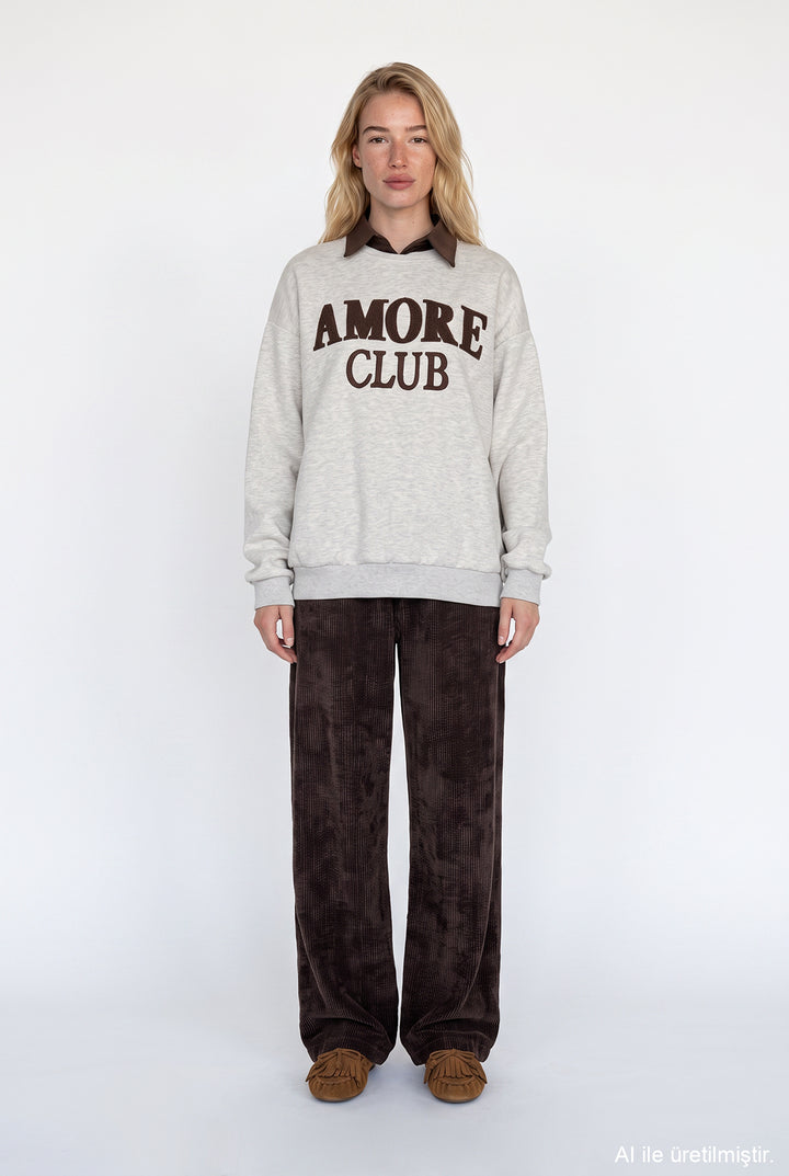 Polo Yaka Amore Nakışlı Oversize Sweatshirt Bejmelanj