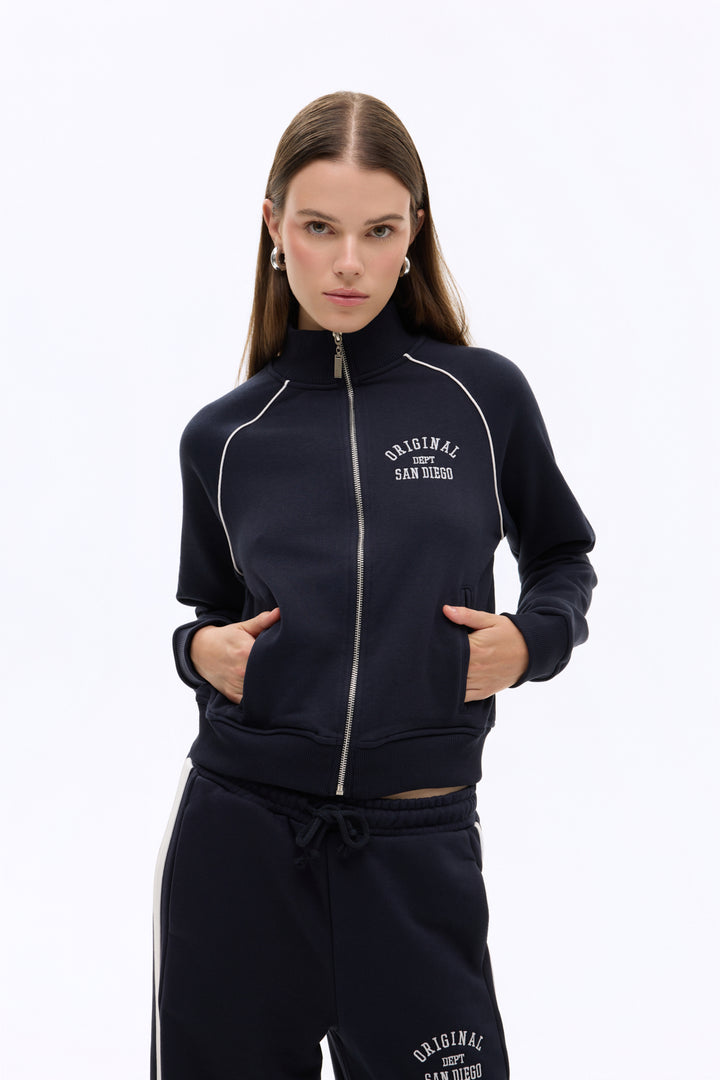 Sırtı Yazı Baskılı Dik Yaka Fermuarlı Sweatshirt Lacivert