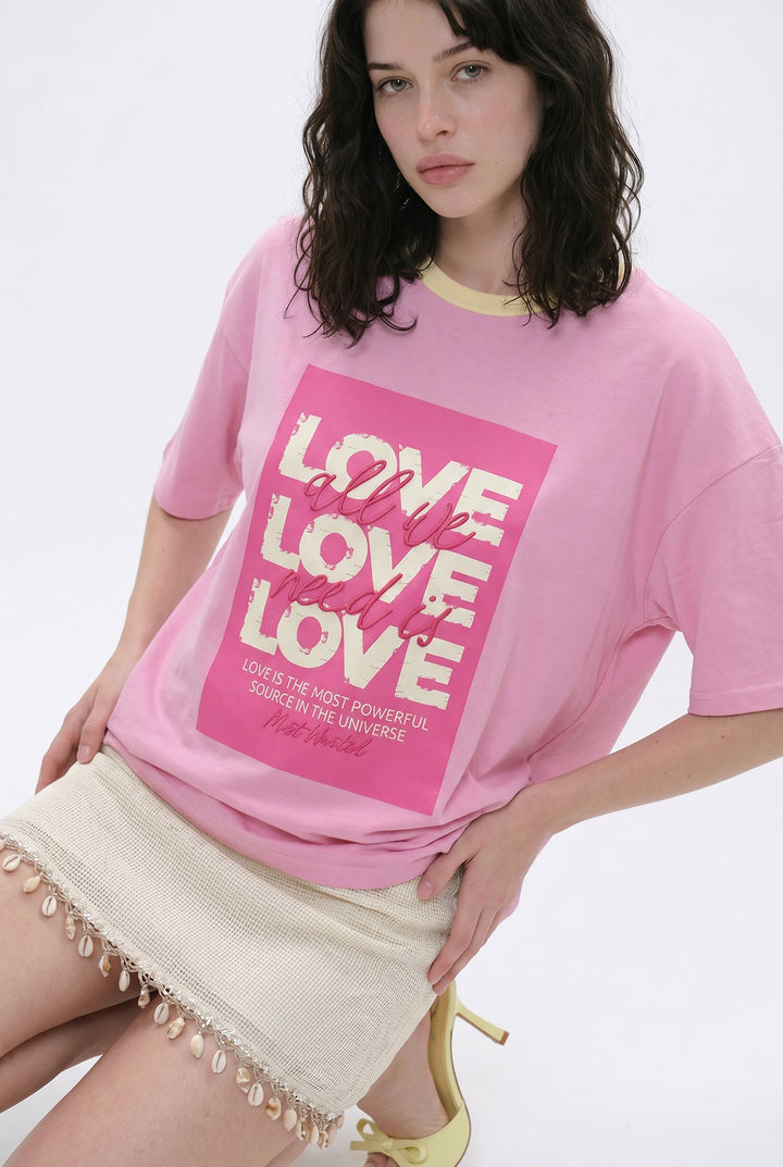 Love Yazı Baskılı Oversize Tişört Pembe