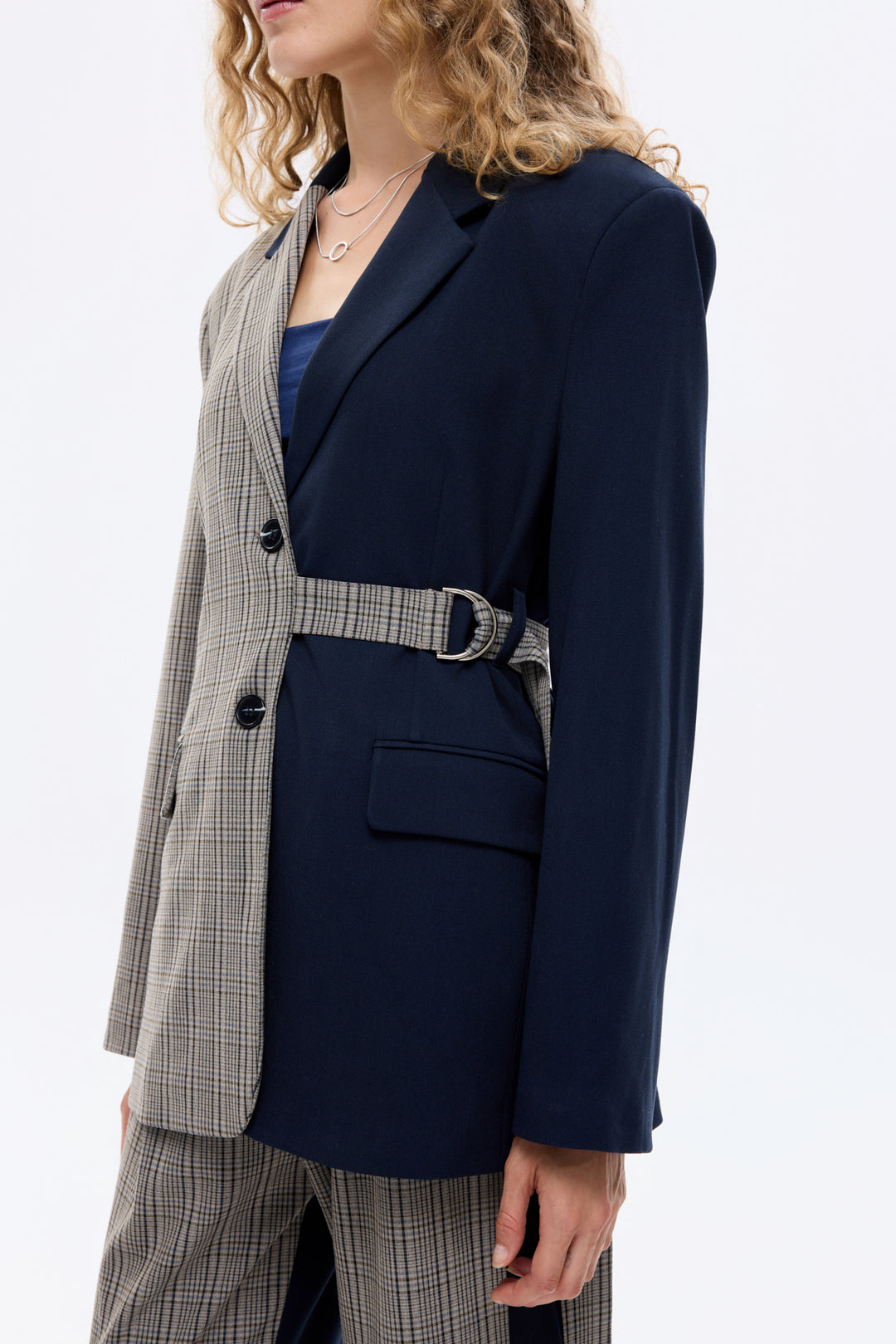Ekose Garnili Kuşak Detaylı Oversize Blazer Ceket Lacivert
