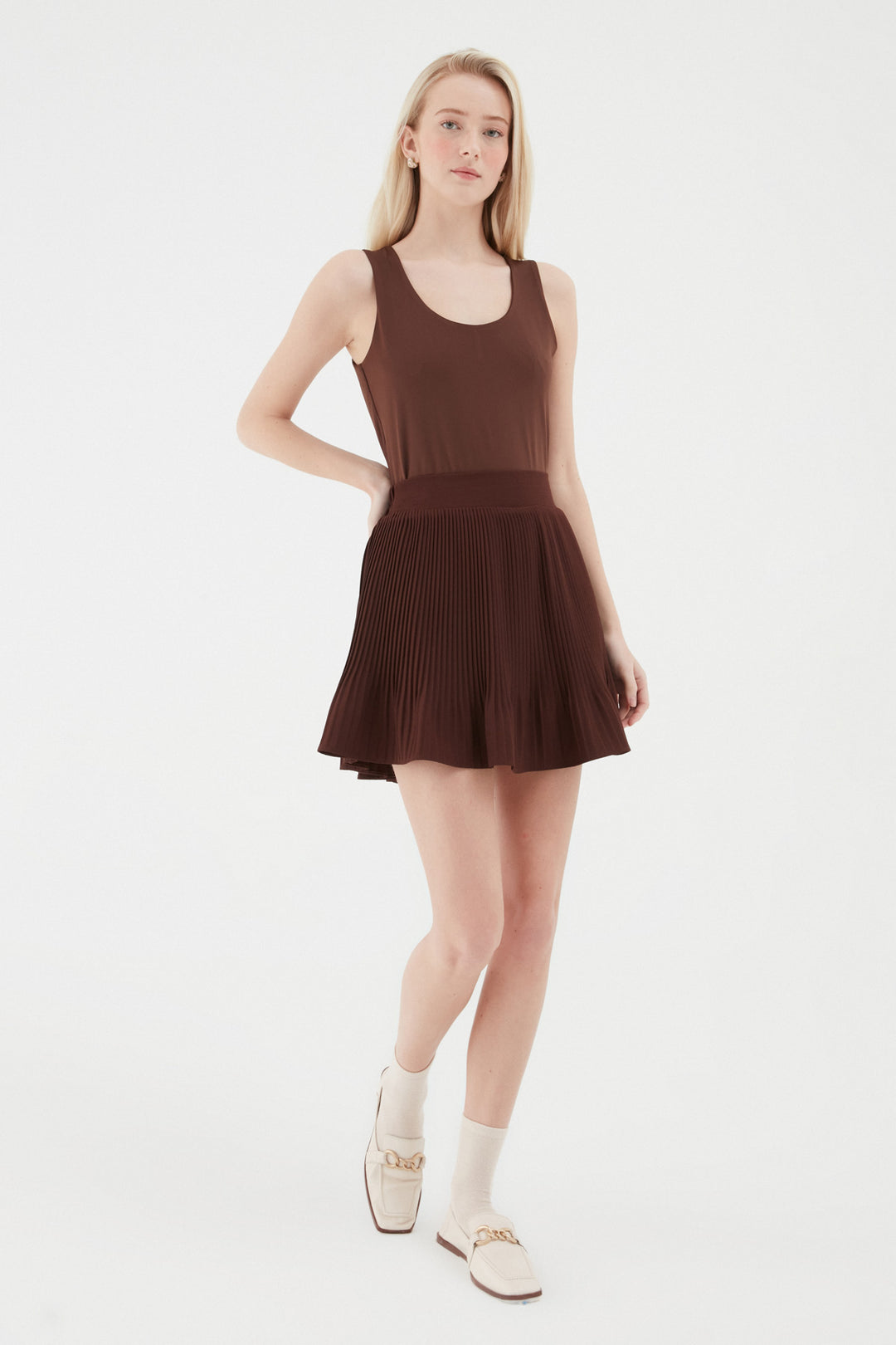 Pleated Short Mini Skirt Brown