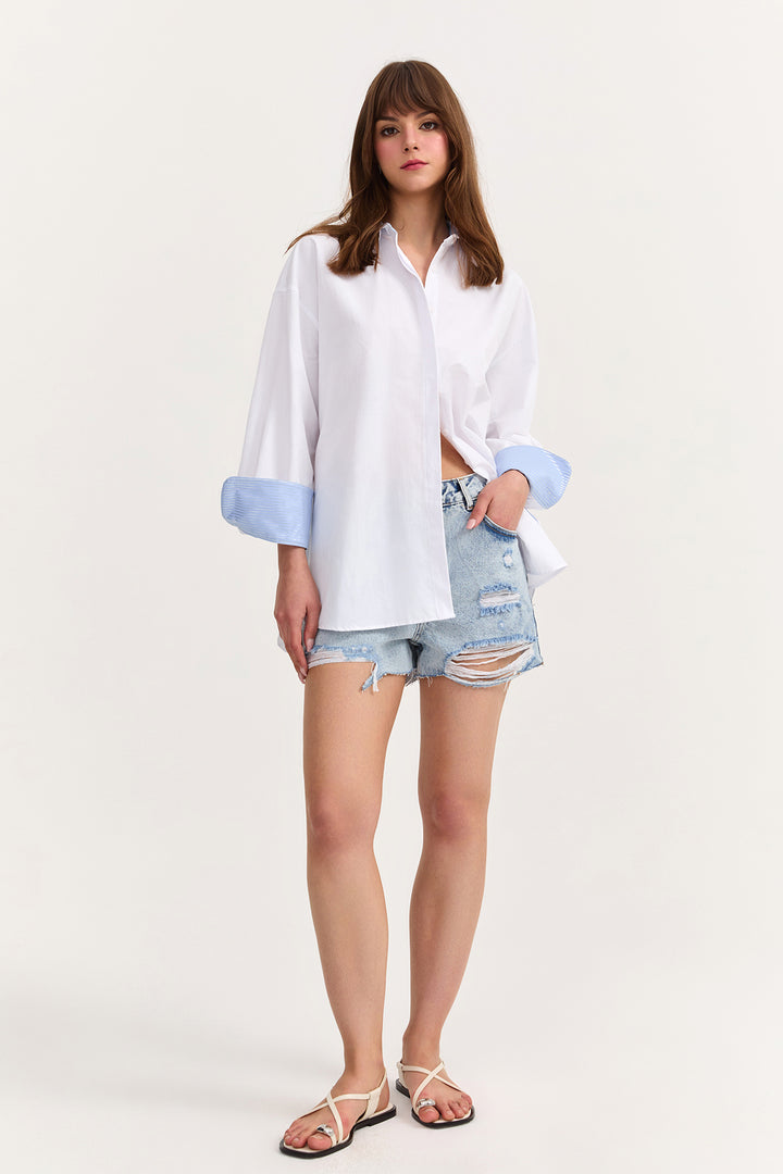 Yakası Çizgi Detaylı Gömlek Beyaz