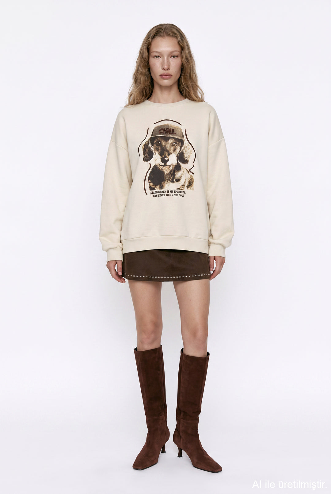 Chill Köpek Baskılı Oversize Sweatshirt Bej