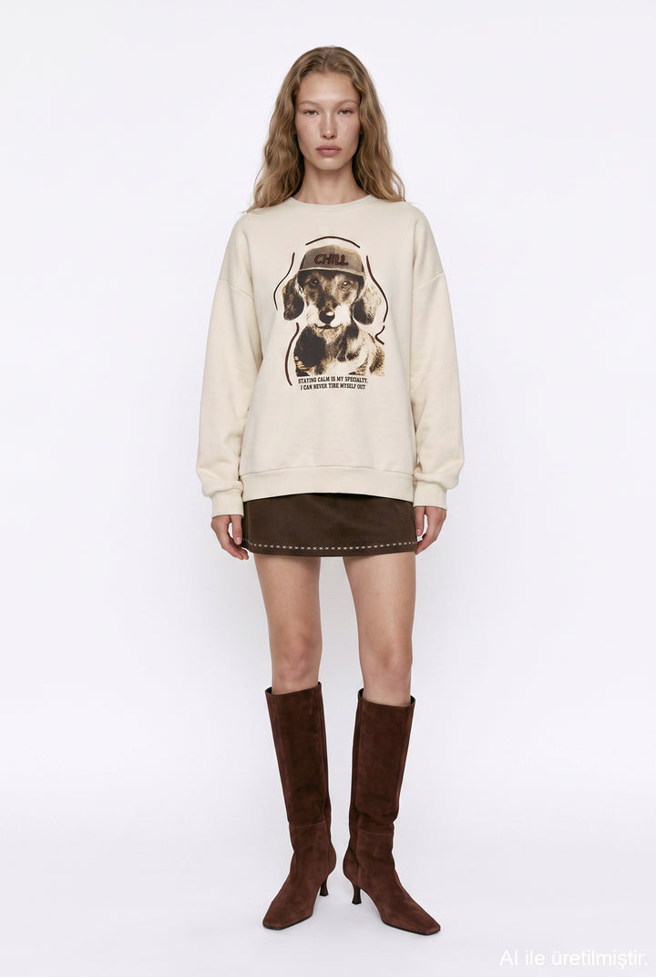 Chill Köpek Baskılı Oversize Sweatshirt Bej