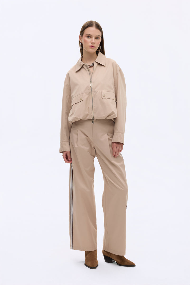 Sırtı Şeritli Gömlek Yaka Oversize Bomber Ceket Bej