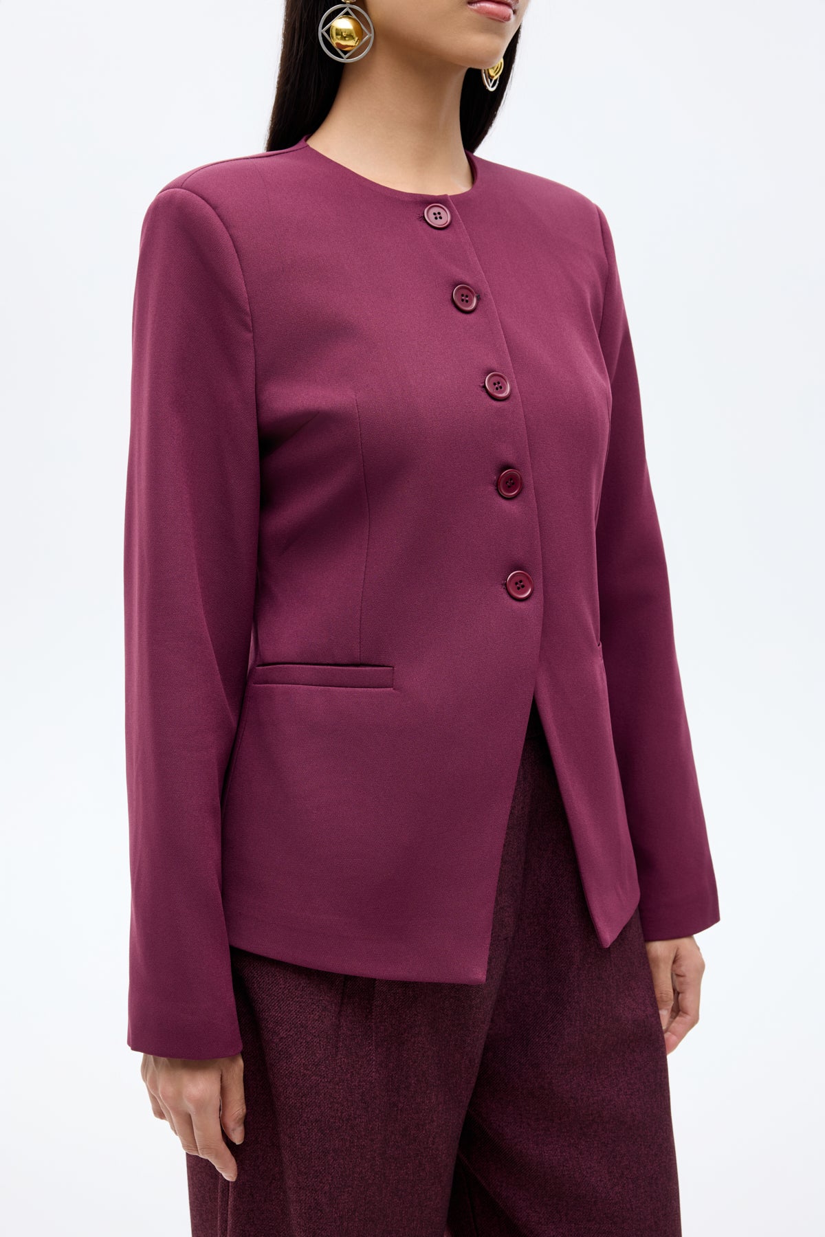Yuvarlak Yaka Düğmeli Blazer Ceket Mürdüm – QUZU