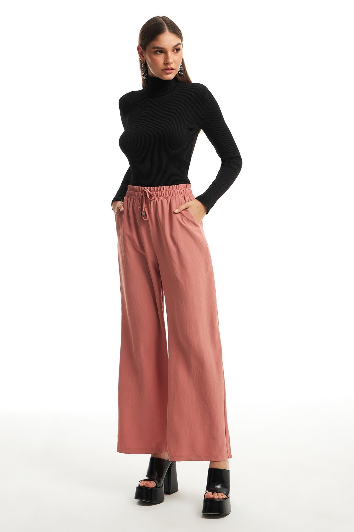 Elastic Waist Wide Leg Trousers Powder