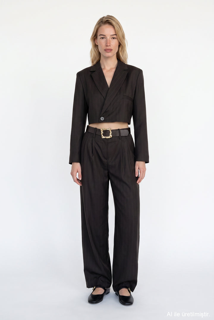 İnce Çizgili Kruvaze Crop Blazer Ceket Kahverengi