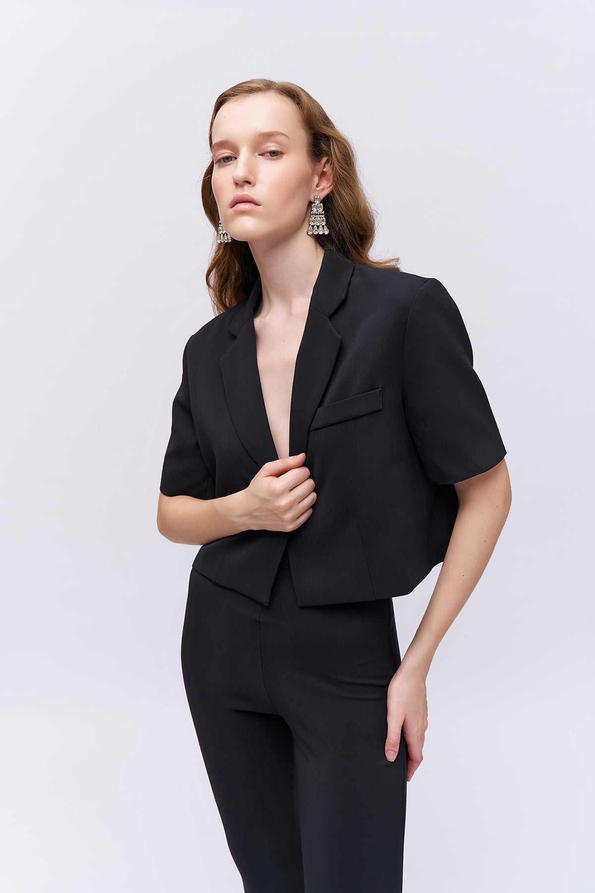 Short Sleeve Crop Blazer Jacket Black