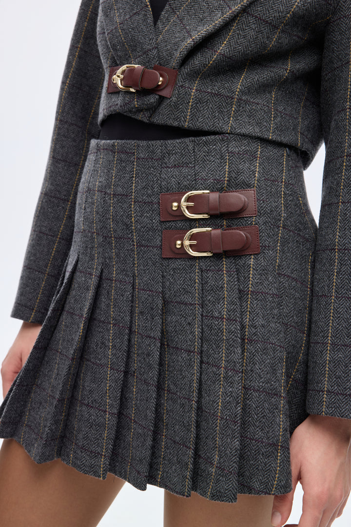 Balıksırtı Kemer Tokalı Pileli Mini Etek Antrasit