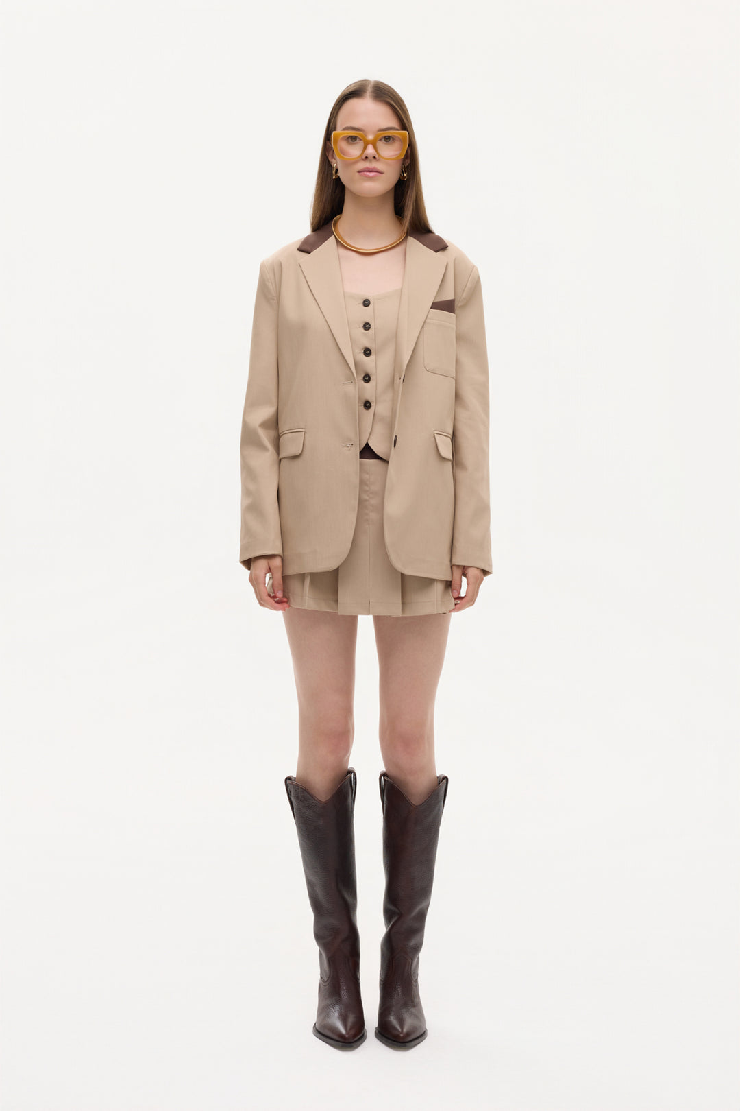 Kontrast Yaka Mendil Garnili Oversize Blazer Ceket Bej