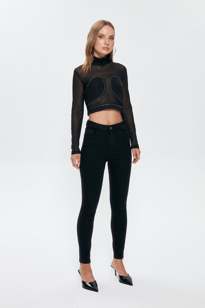 Sequin Detailed Tulle Blouse Black