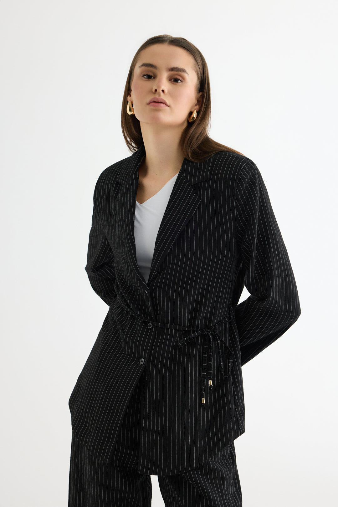 Çizgili Bağcıklı Gömlek Ceket Siyah