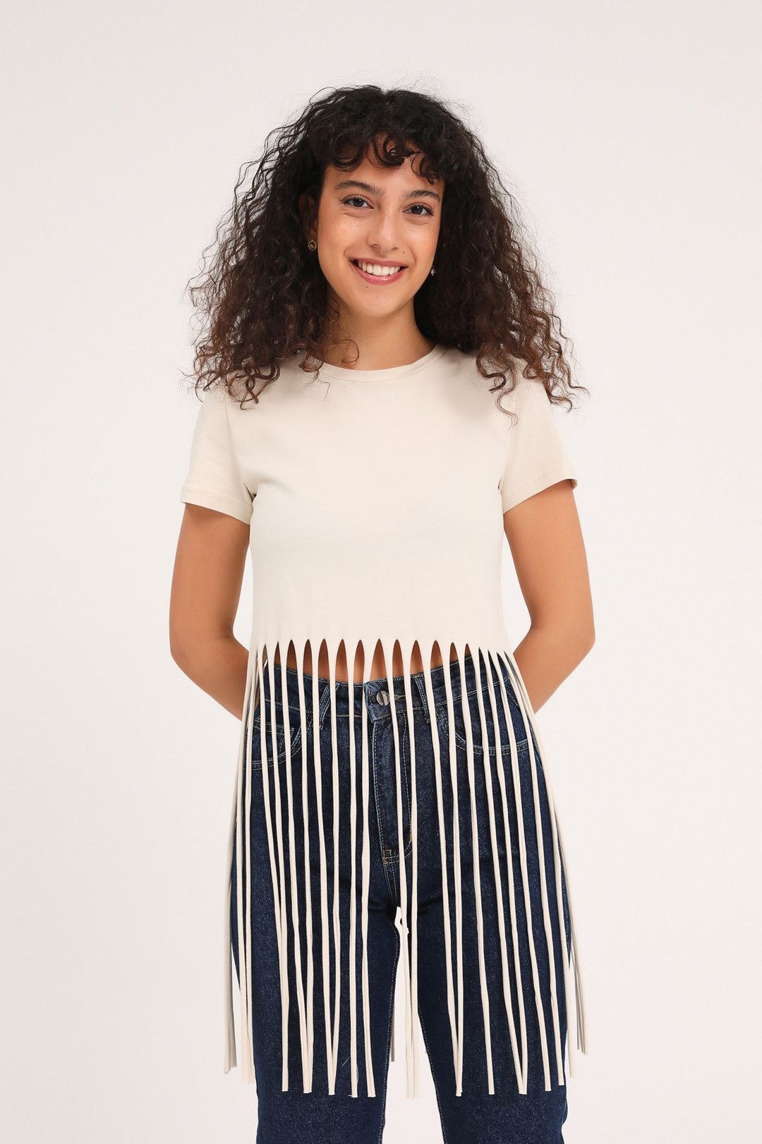 Ucu Püsküllü Tişört Bej