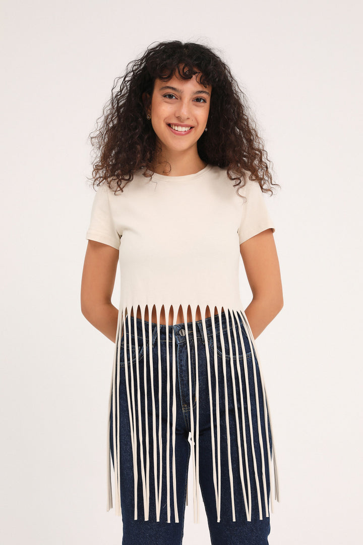 Ucu Püsküllü Tişört Bej