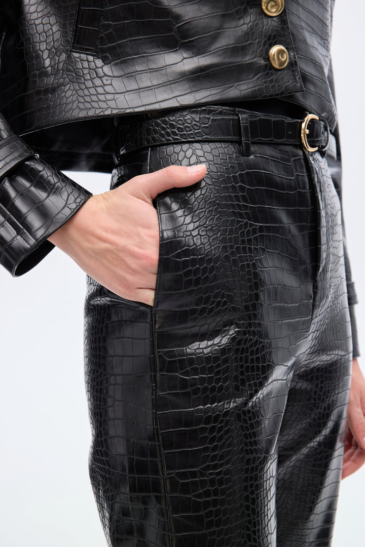 Kroko Desenli Bol Paça Deri Pantolon Siyah