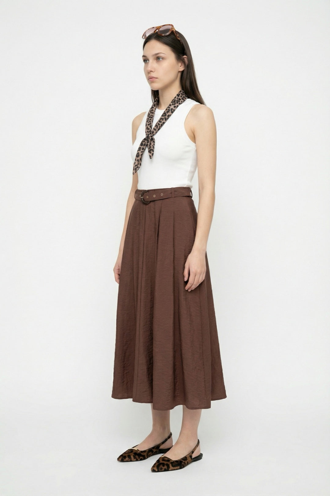 Leopar Fularlı Kombine Midi Elbise Kahverengi