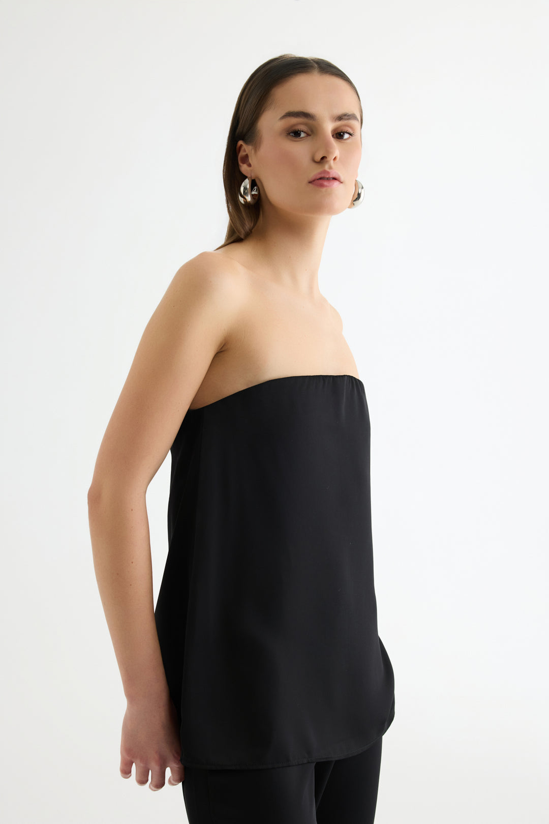 Straplez Saten Bluz Siyah