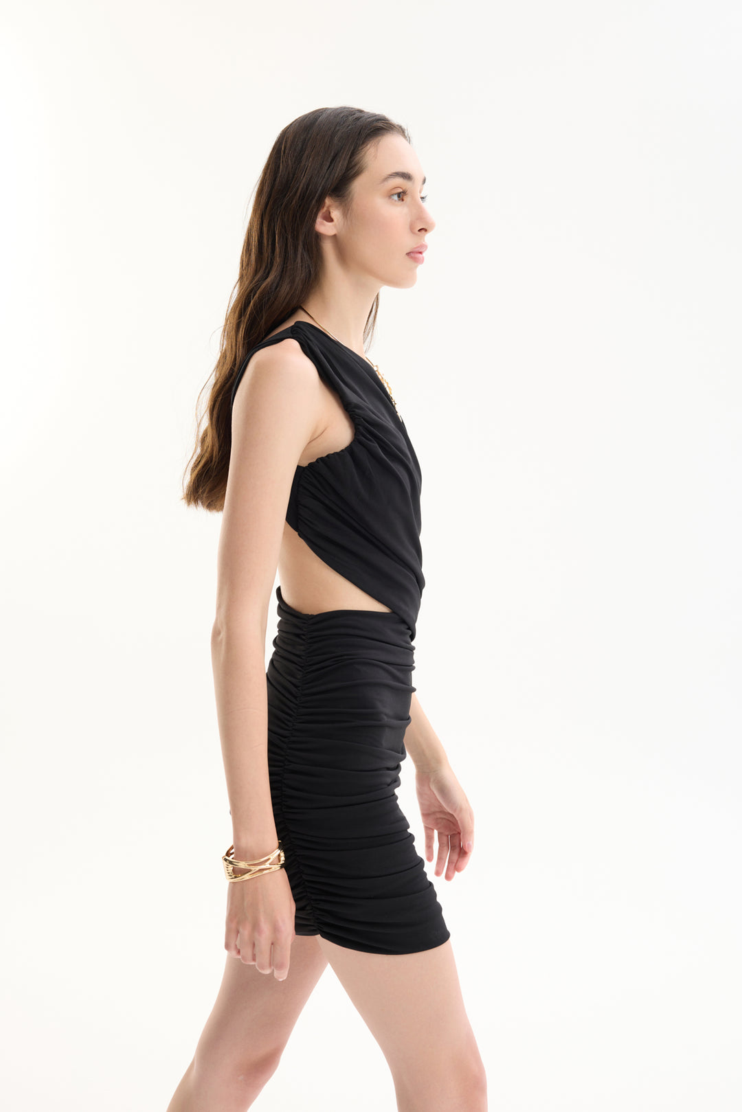 Drape Detaylı Tek Omuz Cut Out Mini Elbise Siyah