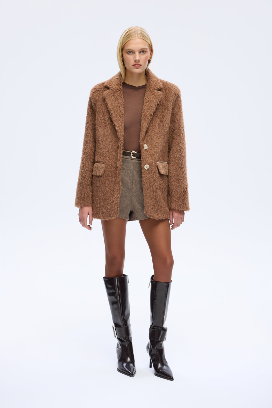 Tüylü Dokulu Oversize Blazer Ceket Kahverengi