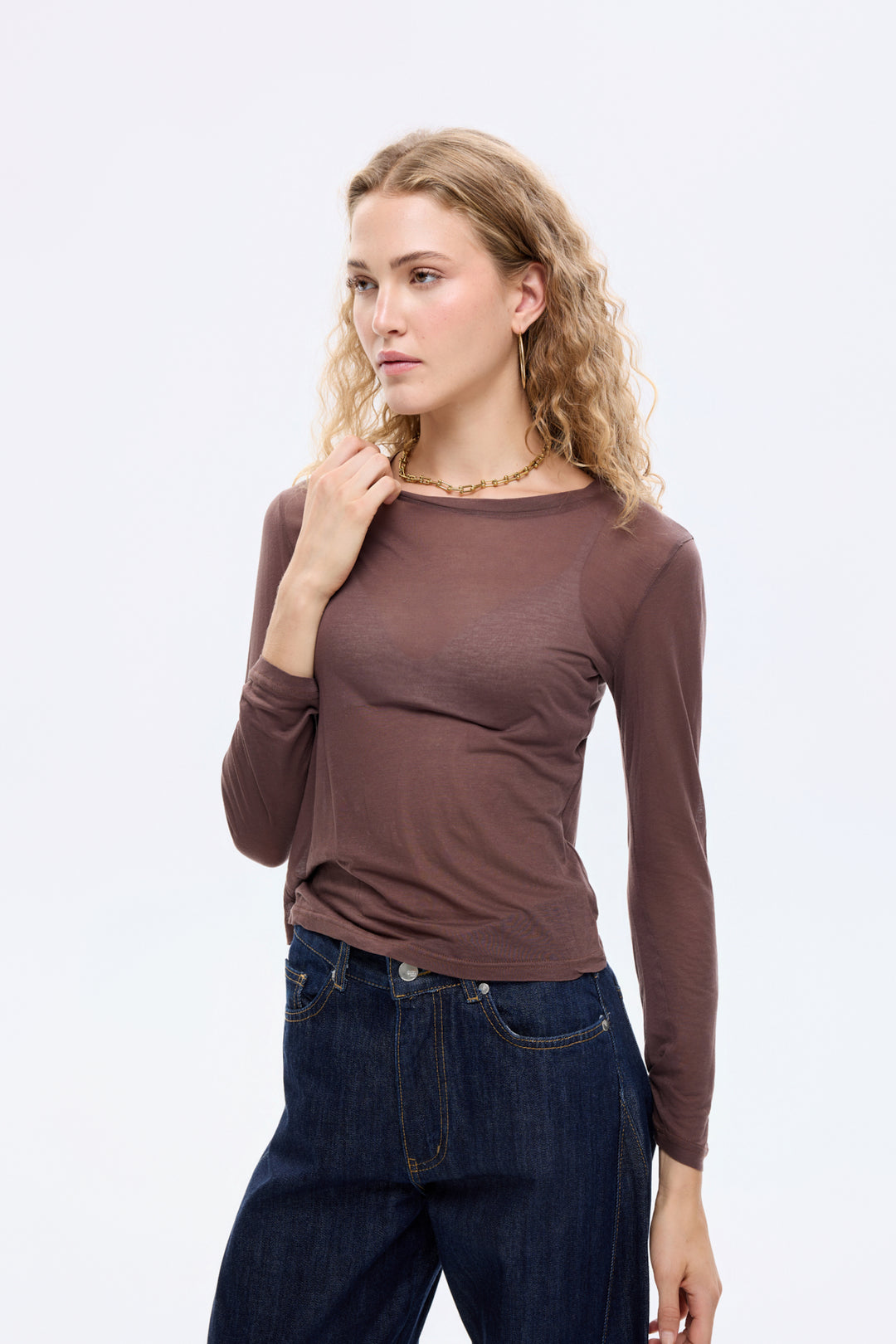 Bisiklet Yaka Basic Bluz Kahverengi