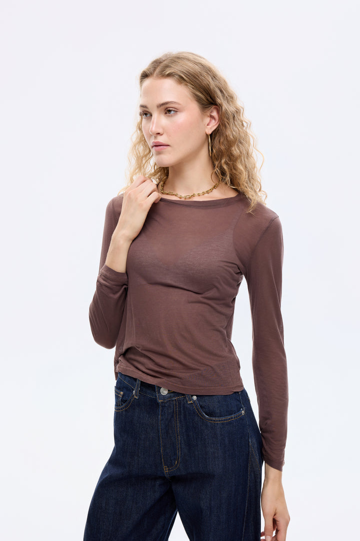 Bisiklet Yaka Basic Bluz Kahverengi