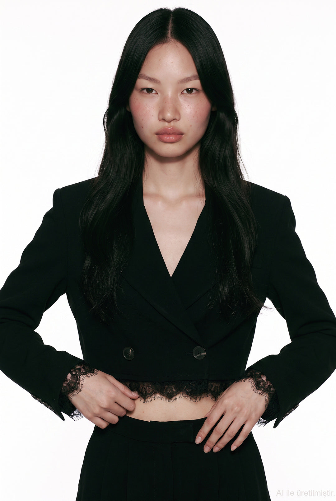 Dantel Garnili Crop Blazer Ceket Siyah