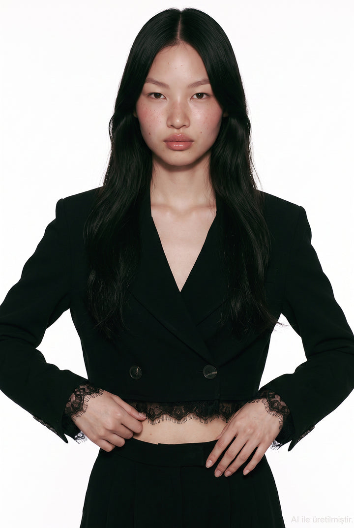 Dantel Garnili Crop Blazer Ceket Siyah