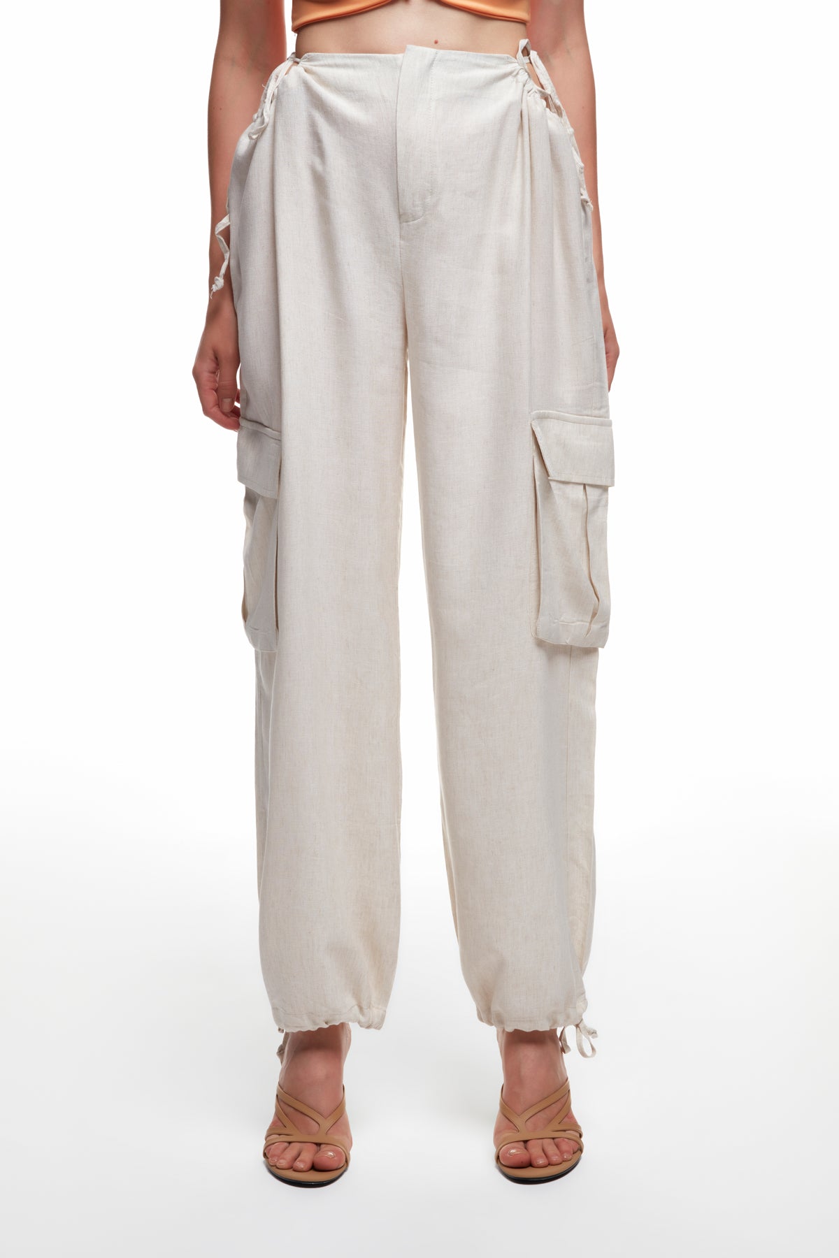 Pocket Linen Trousers with Gather Detail Natural