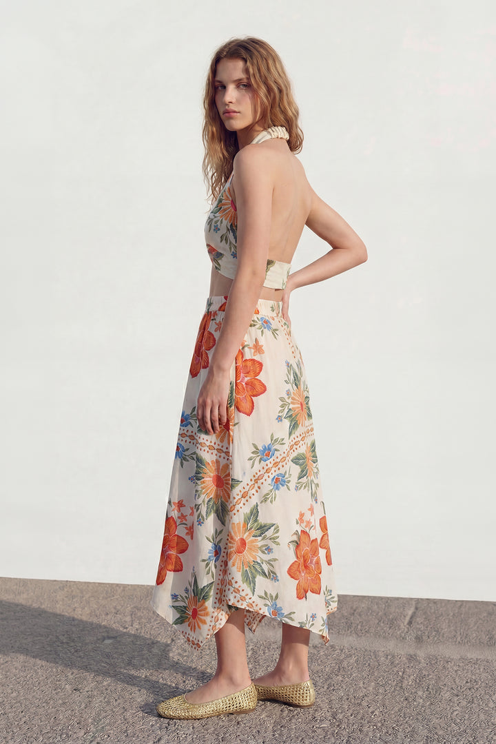 Çiçek Desenli Asimetrik Midi Etek Krem