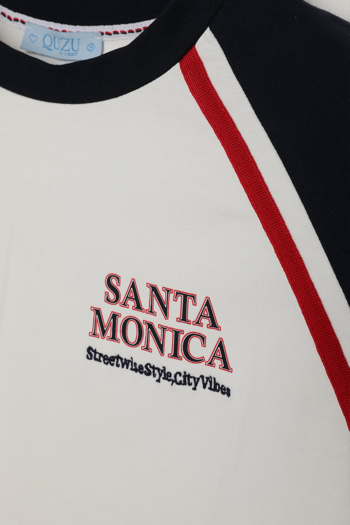 Şerit Çizgili Santa Monica Yazılı Tişört Ekru