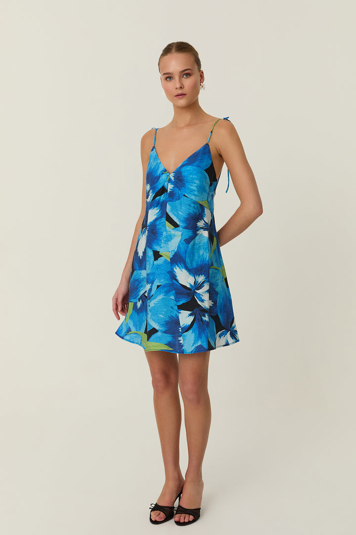 Sırtı Açık Askılı Desenli Mini Elbise Mavi