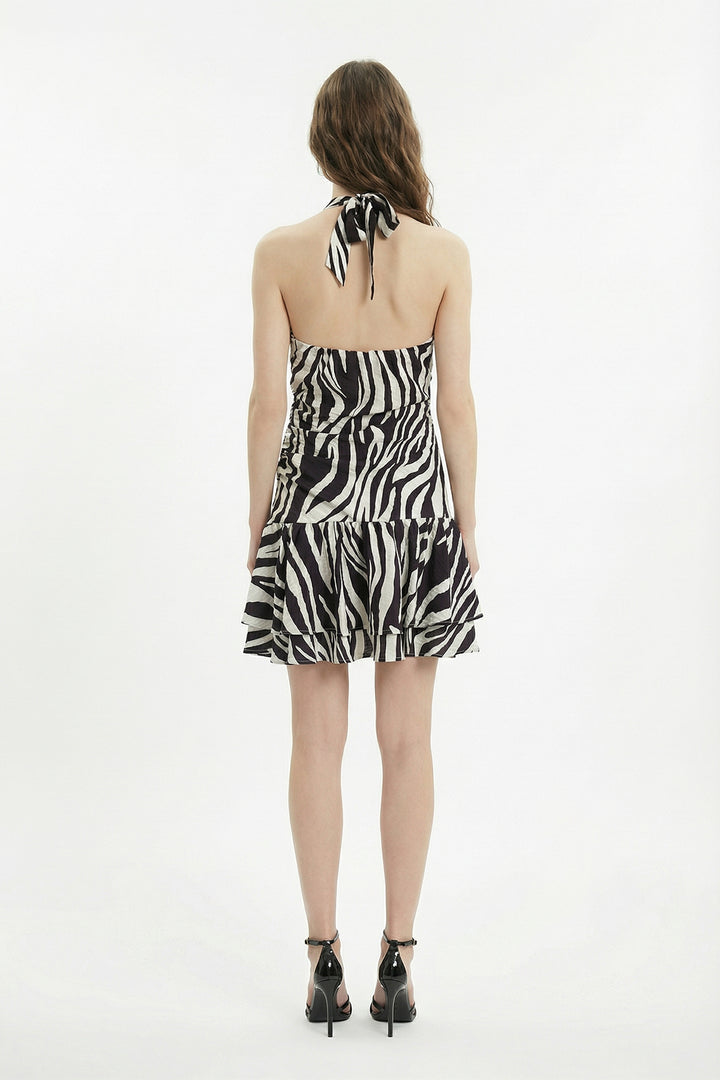 Zebra Desenli Halter Yaka Mini Elbise Kahverengi