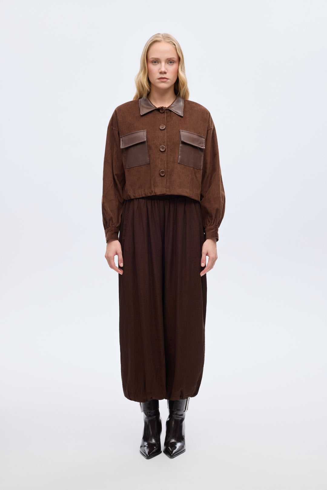 Deri Garnili Kadife Ceket Kahverengi