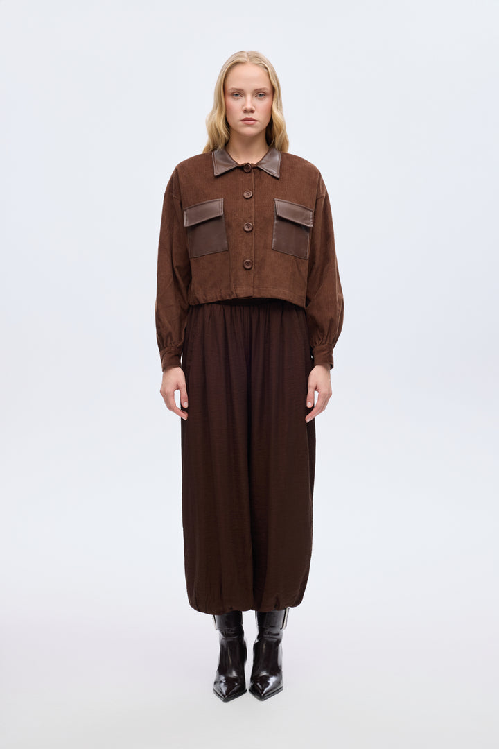 Deri Garnili Kadife Ceket Kahverengi