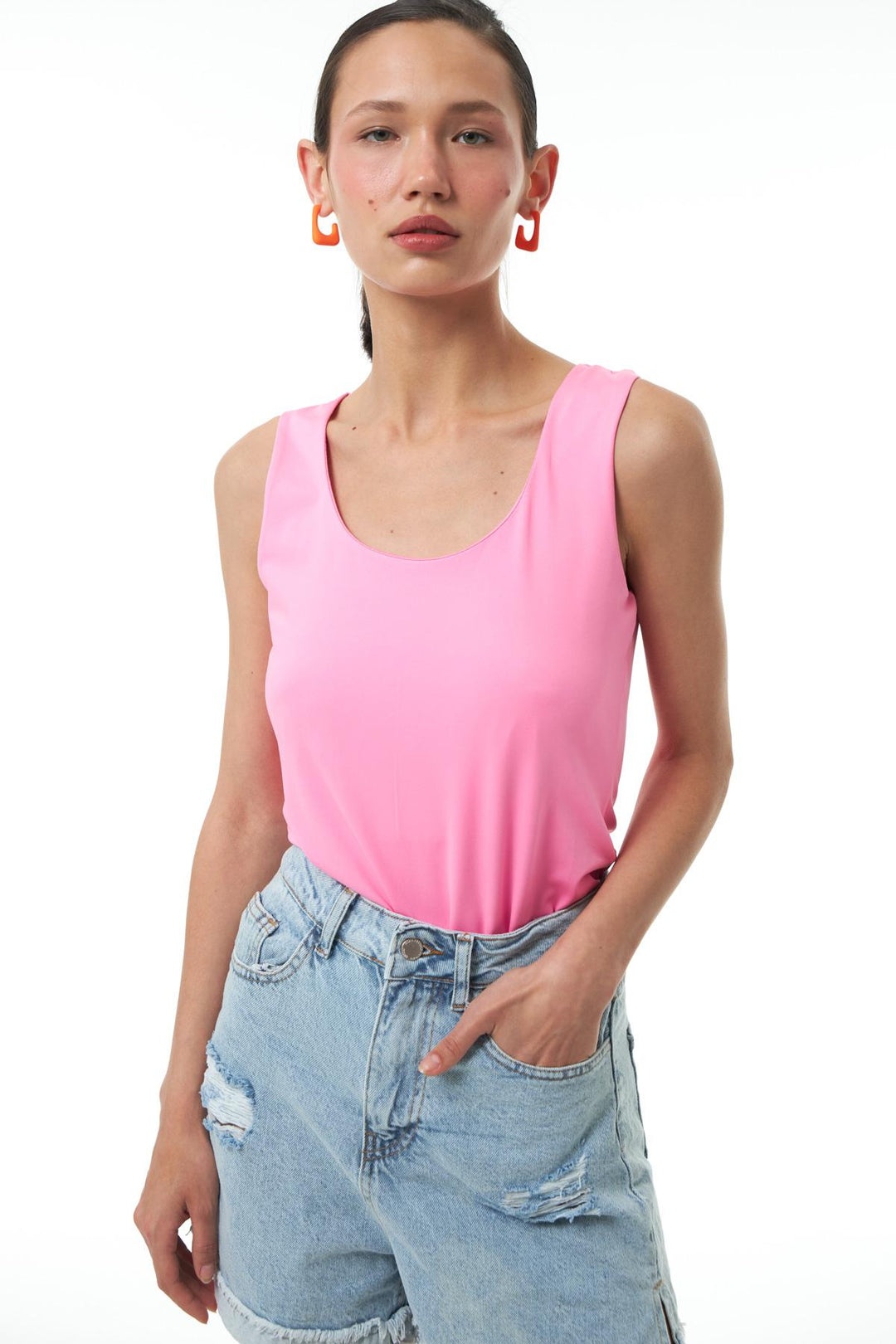 Kalın Askılı Basic Bluz Neon Pembe