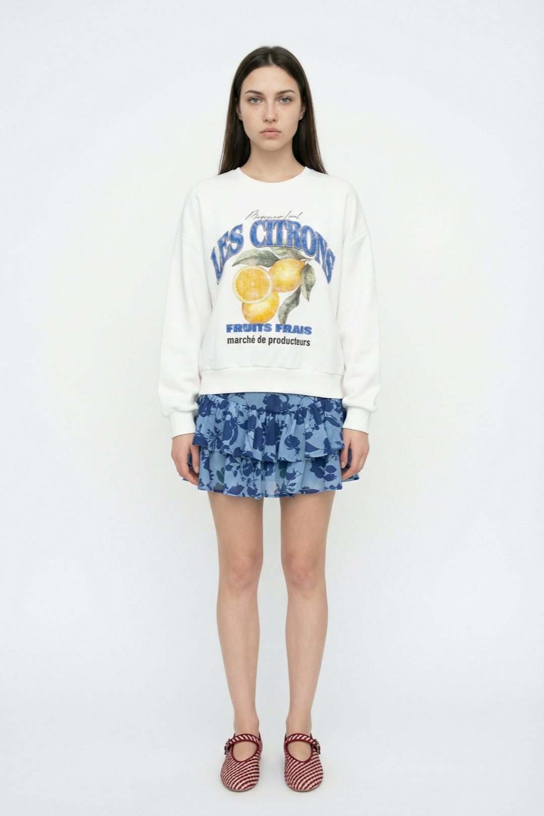 Limon Baskılı Bisiklet Yaka Oversize Sweatshirt Ekru