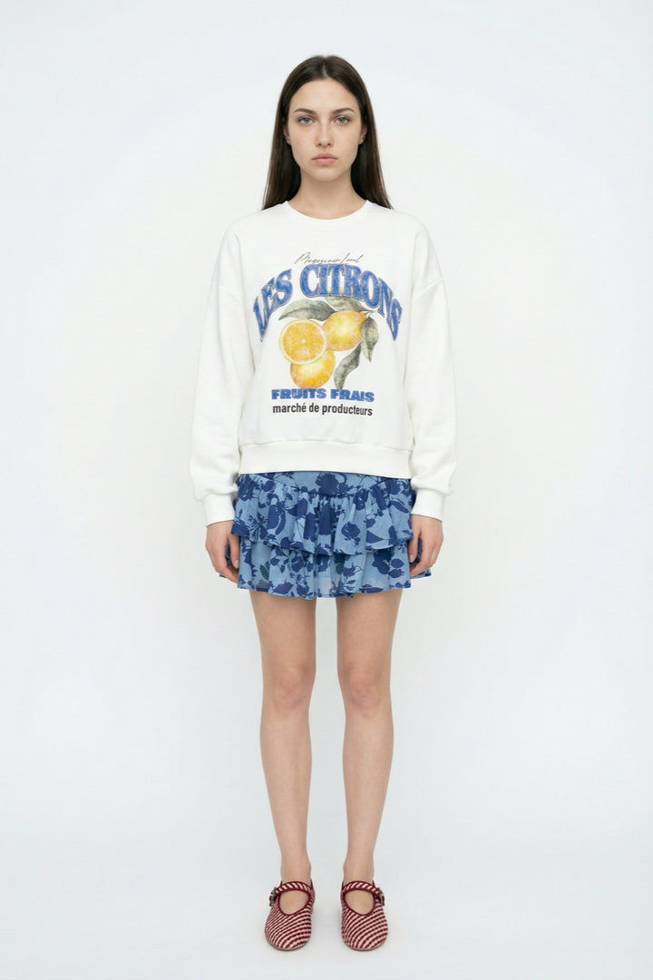 Limon Baskılı Bisiklet Yaka Oversize Sweatshirt Ekru