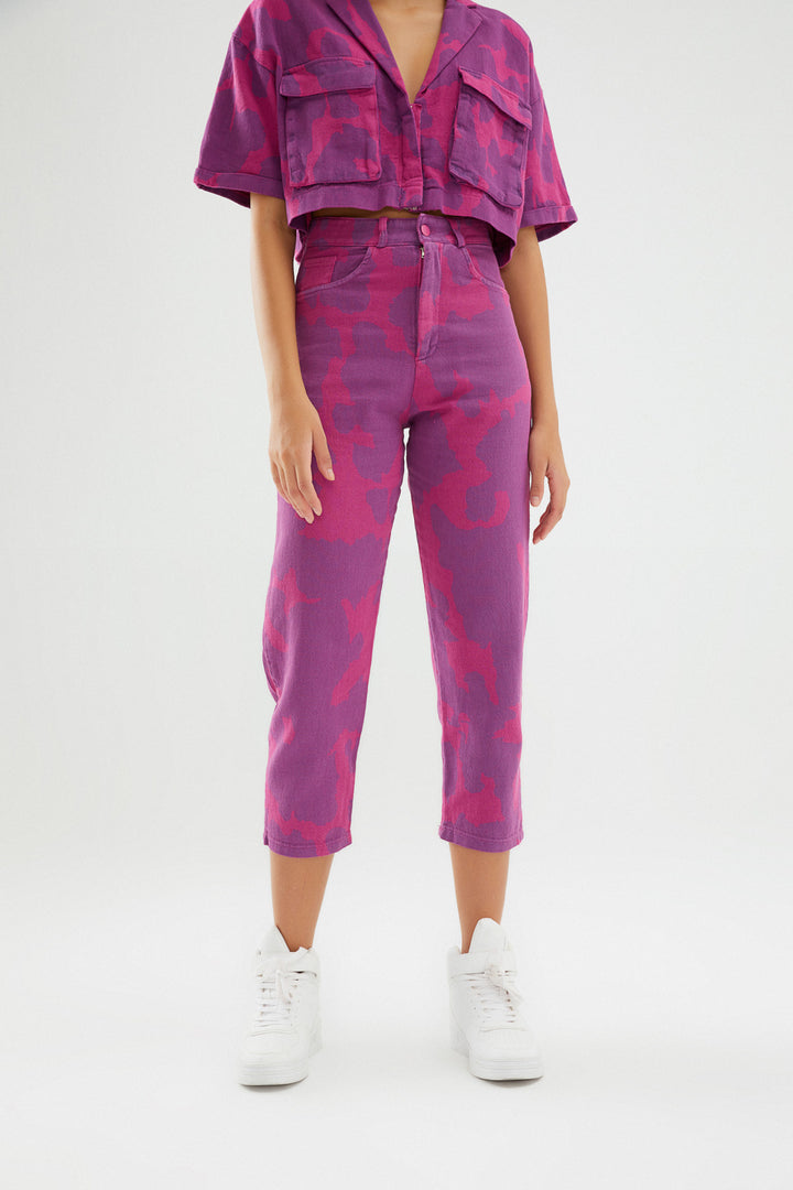 Desenli Gabardin Mom Pantolon Orkide