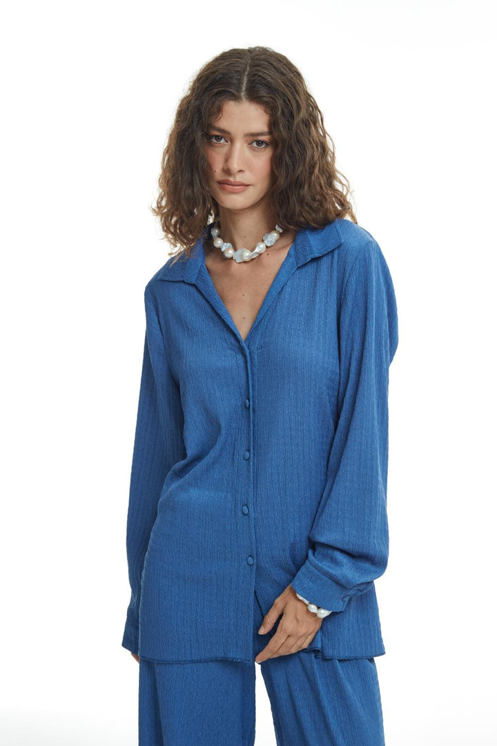 Dokulu Uzun Gömlek İndigo