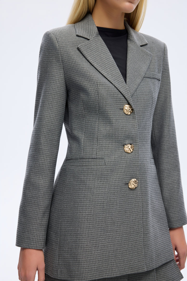 Kazayağı Desenlı Düğmeli Blazer Ceket Gri
