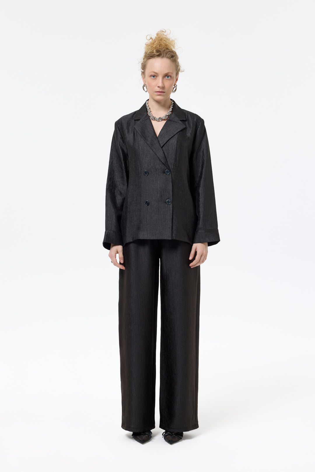 Dokulu Oversize Blazer Ceket Siyah