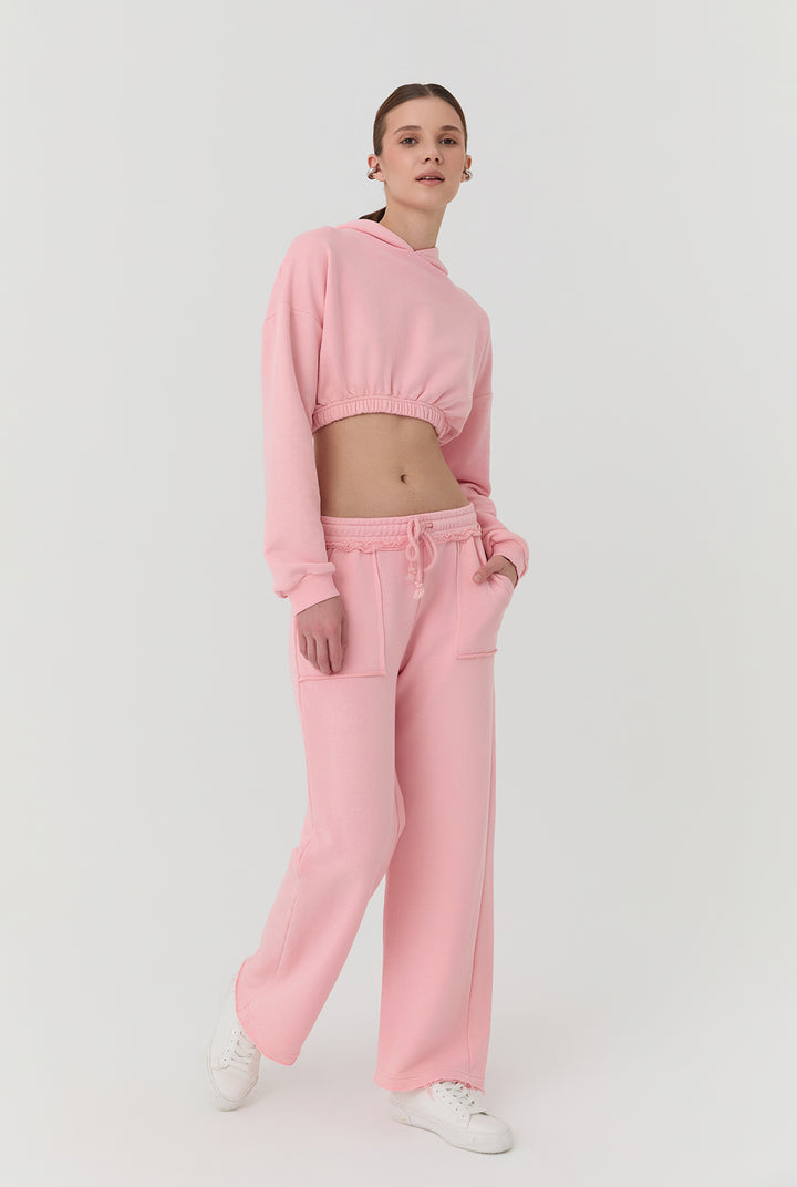 Paçası Yırtık Detaylı Eşofman Pembe