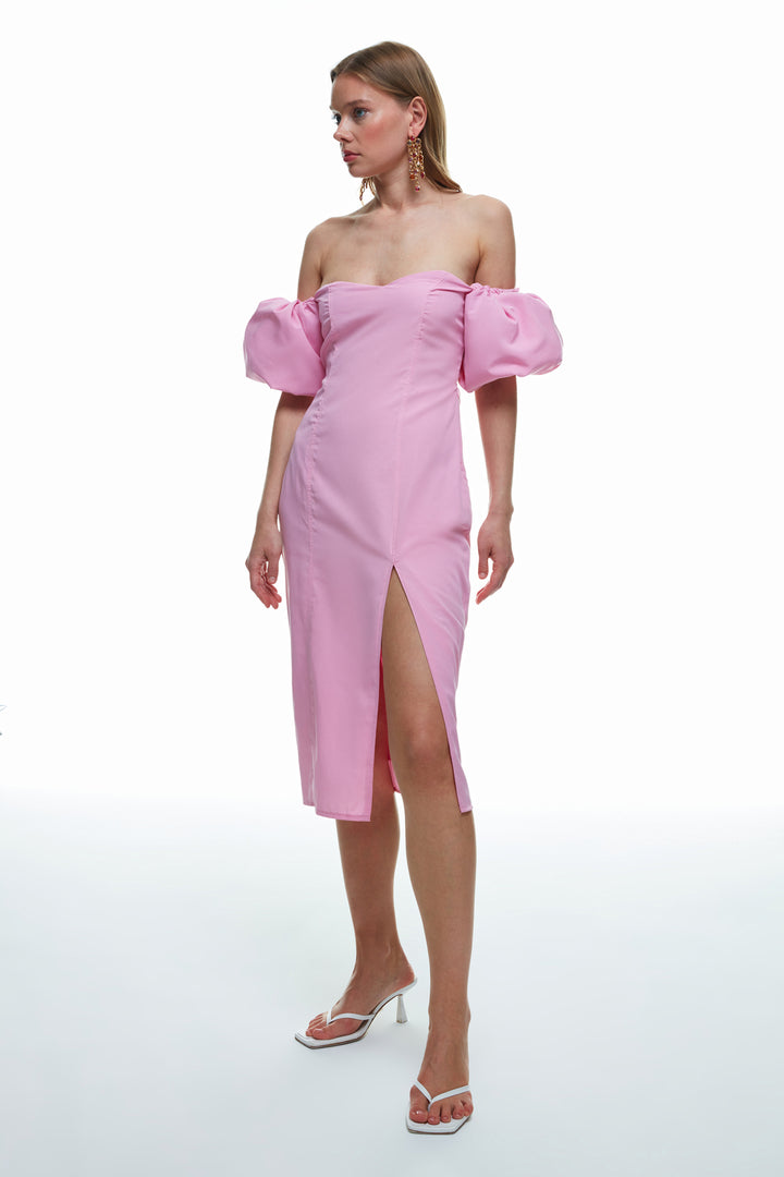 Balloon Sleeve Detailed Slit Dress Pink