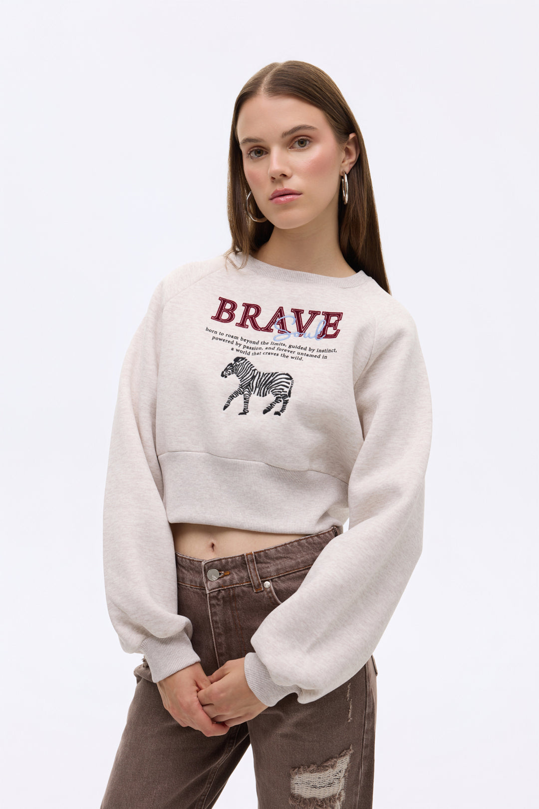 Zebra Nakışlı Sırtı Fermuarlı Sweatshirt Bej