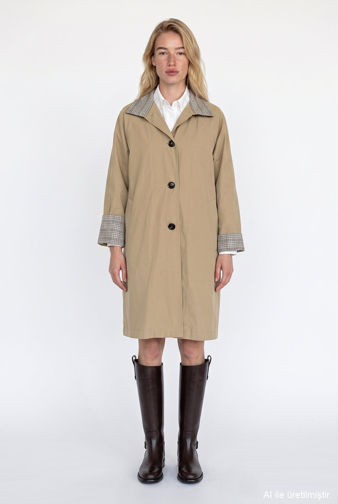 Ekose Manşetli Oversize Trençkot Bej