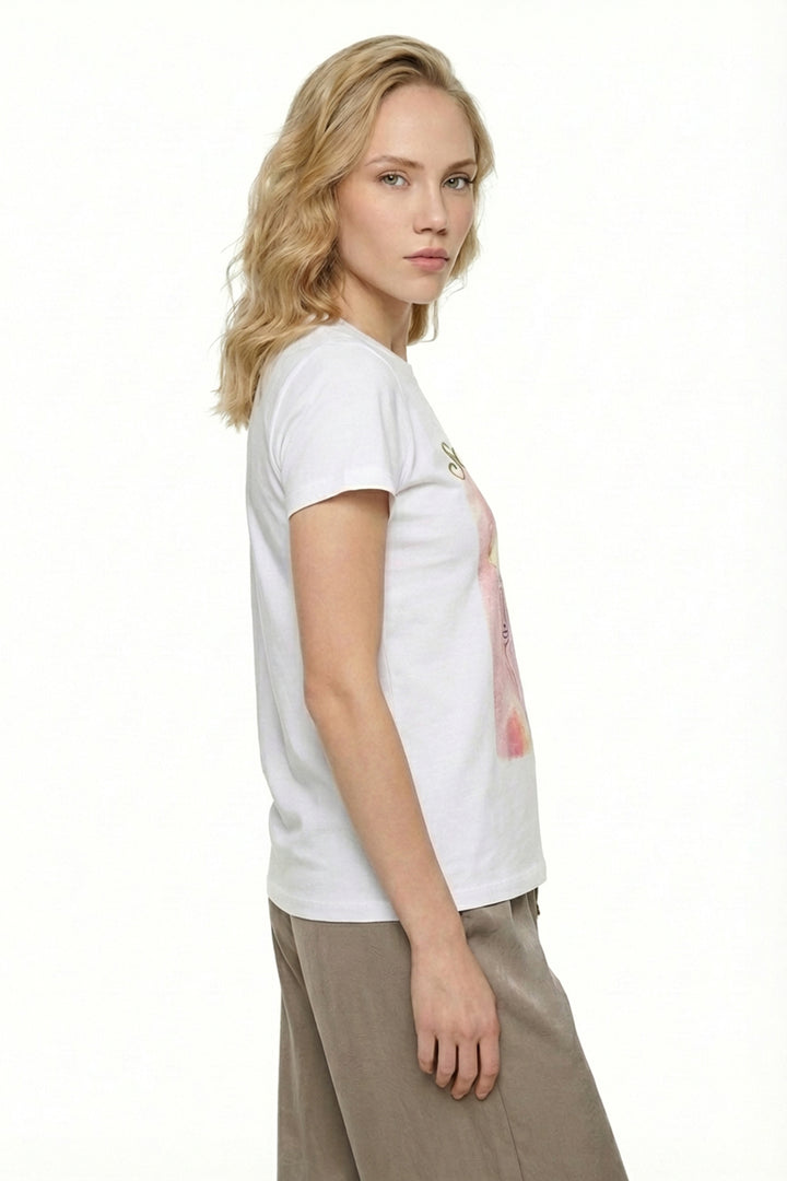 Kokteyl Baskılı Bisiklet Yaka Tişört Ekru