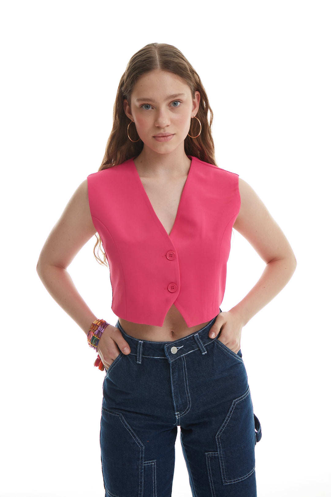 Buttoned Short Vest Fuchsia