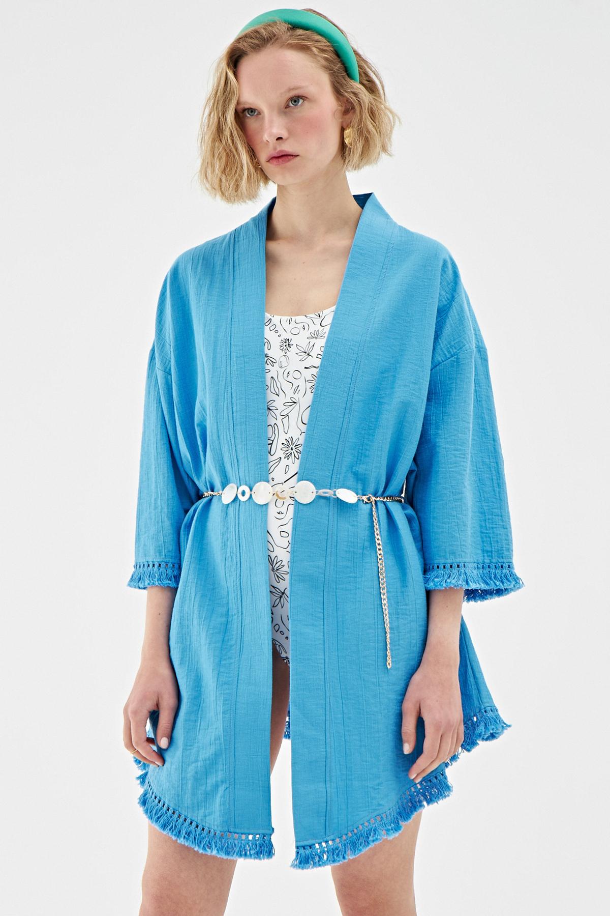 Chain Accessory Tasseled Kimono Blue